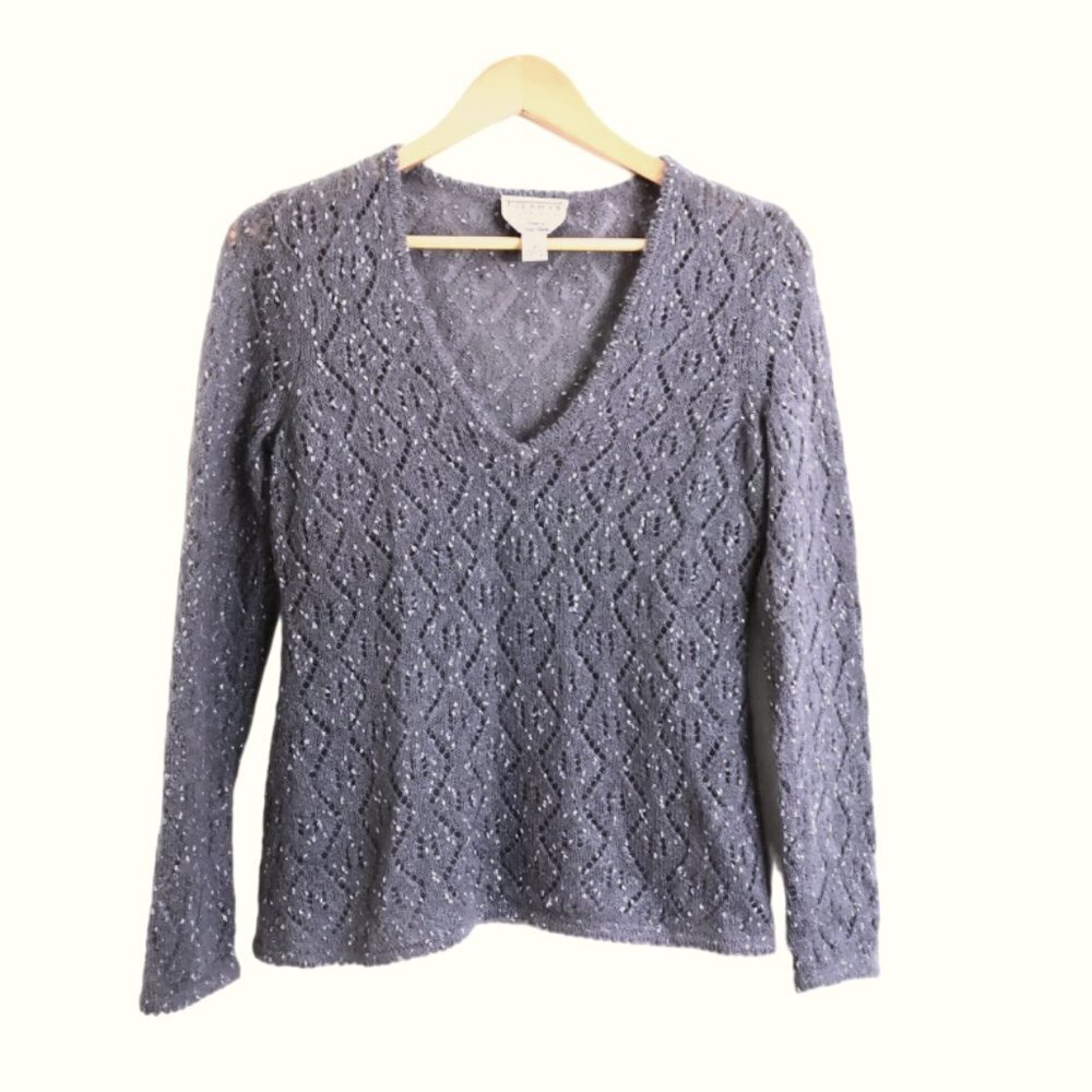 New Talbots Mohair Wool Blend Open Knit Silver Metallic Thread Sweater Gray Size
